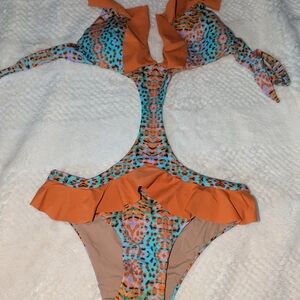 Ruffled Orange & Teal Animal-Print One-Piece Swimsuit